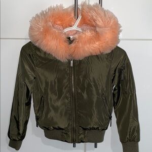 Kids Olive Green Puffer Jacket with Faux Fur Hood